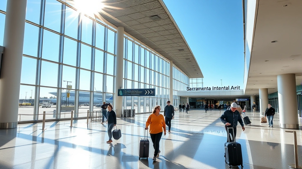 Sacramento International Airport terminal with modern architecture and California sunshine streaming through windows, travelers with luggage walking through bright corridors