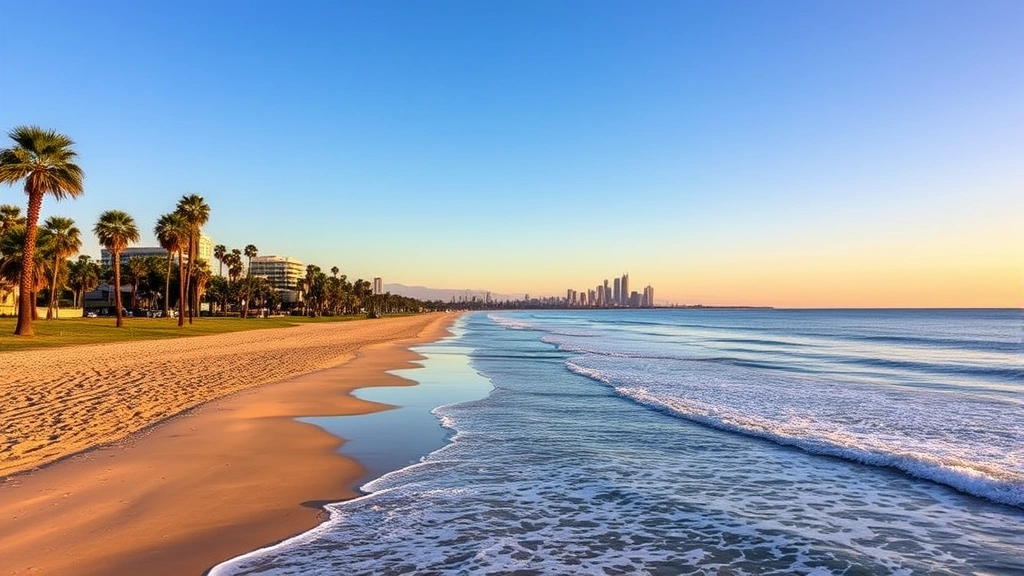 San Diego coastline with palm trees, sandy beaches, and downtown skyline visible in distance under blue sky, waves rolling onto shore at sunset
