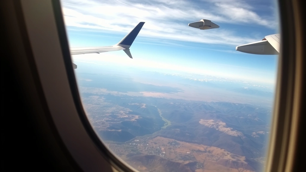 Airplane window view of California landscape below with Sacramento valley and Sierra Nevada mountains visible, bright daylight flight scene