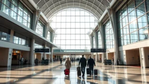 Sacramento International Airport terminal interior with modern architecture, natural lighting, travelers with luggage walking through spacious corridors, California morning atmosphere, wide angle perspective