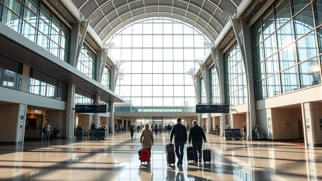 Sacramento International Airport terminal interior with modern architecture, natural lighting, travelers with luggage walking through spacious corridors, California morning atmosphere, wide angle perspective