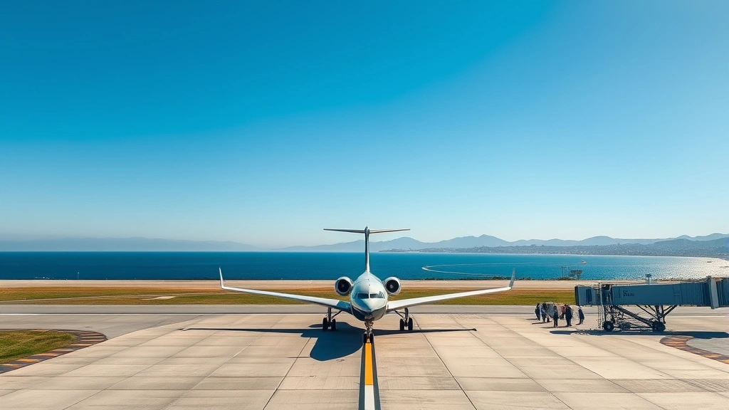 San Diego International Airport runway and aircraft on tarmac with Pacific Ocean and coastal hills visible in background, sunny afternoon lighting, clear blue sky, aircraft boarding passengers
