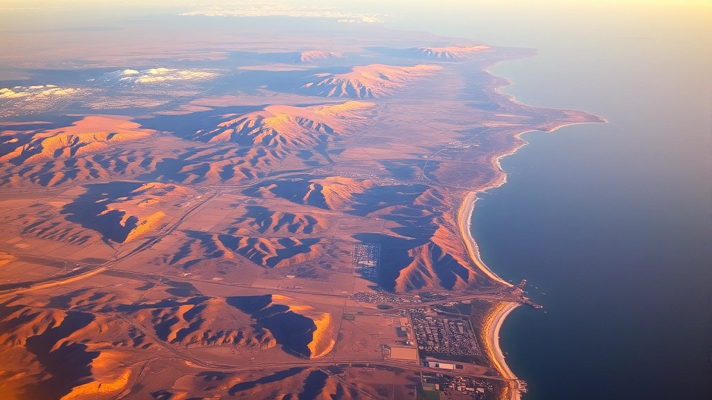 Aerial view of California coast between Sacramento valley and San Diego, showing diverse landscape from inland to Pacific Ocean, scenic flight perspective, golden hour lighting, travel adventure mood