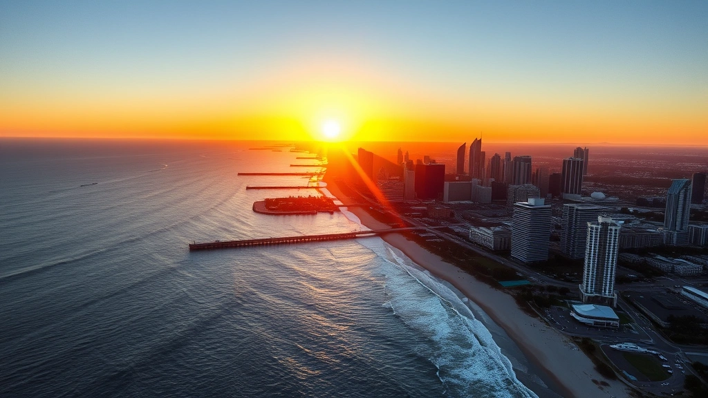 Aerial sunrise view of San Diego coastline with downtown skyline and harbor, golden morning light reflecting off Pacific Ocean, modern high-rise buildings visible