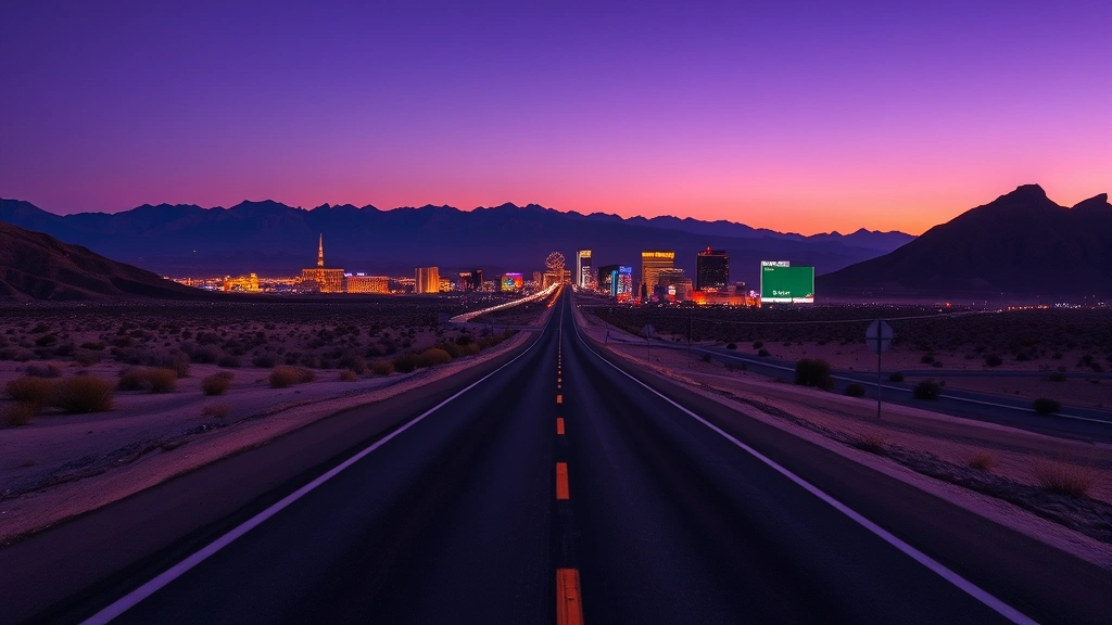 Desert highway stretching toward Las Vegas Strip at dusk, neon lights glowing in distance, mountains silhouetted against purple twilight sky, road perspective