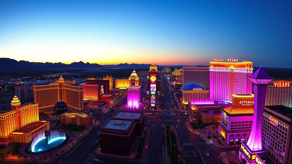 Las Vegas Strip panoramic view at night, iconic hotel casinos illuminated with vibrant neon colors, fountains and bright lights, desert landscape in background