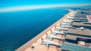 Aerial view of San Diego International Airport with Pacific Ocean coastline visible, planes at gates, modern terminal buildings, sunny California weather, realistic photography