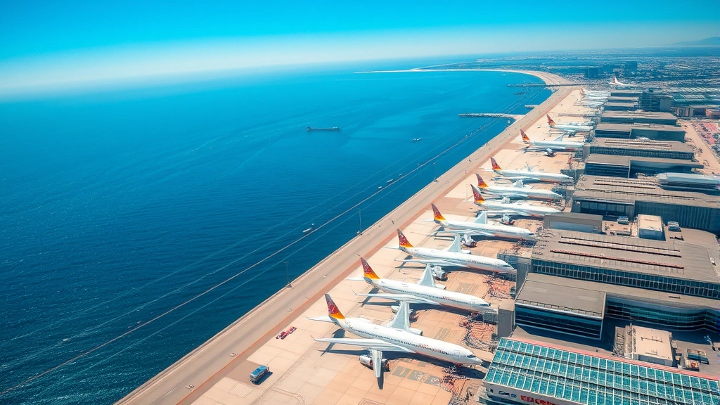 Aerial view of San Diego International Airport with Pacific Ocean coastline visible, planes at gates, modern terminal buildings, sunny California weather, realistic photography