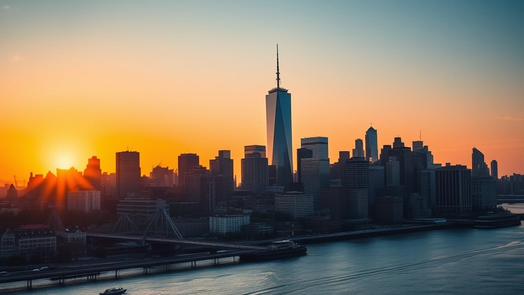 Manhattan skyline at sunset with Empire State Building and One World Trade Center prominent, Hudson River reflecting golden light, urban landscape, photorealistic travel photography