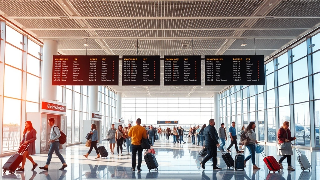 Interior of modern airport terminal with travelers checking luggage, departure boards overhead, contemporary architecture, natural light from large windows, realistic airport scene