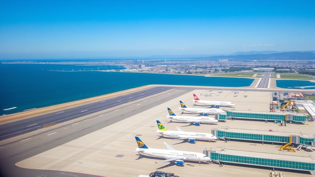 Aerial view of San Diego International Airport with aircraft lined up at gates, coastal city skyline visible in background, sunny day with clear blue sky