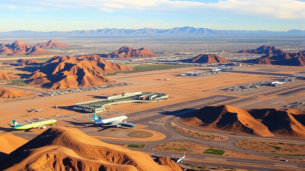 Desert landscape showing Phoenix Sky Harbor International Airport surrounded by Sonoran Desert mountains, modern terminal buildings, aircraft on tarmac with sprawling city beyond