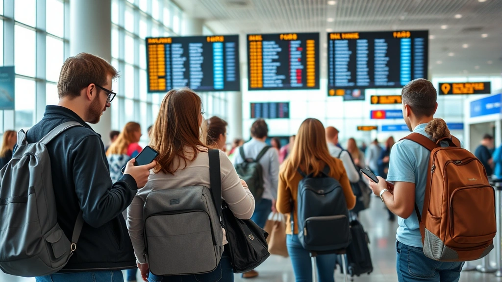 Travelers at airport gate area checking phones and looking at flight information screens, diverse passengers waiting to board, bright modern airport interior with large windows