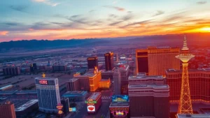 Aerial view of Las Vegas Strip at sunset with bright neon lights and hotels, mountains in background, vibrant and dynamic cityscape photography
