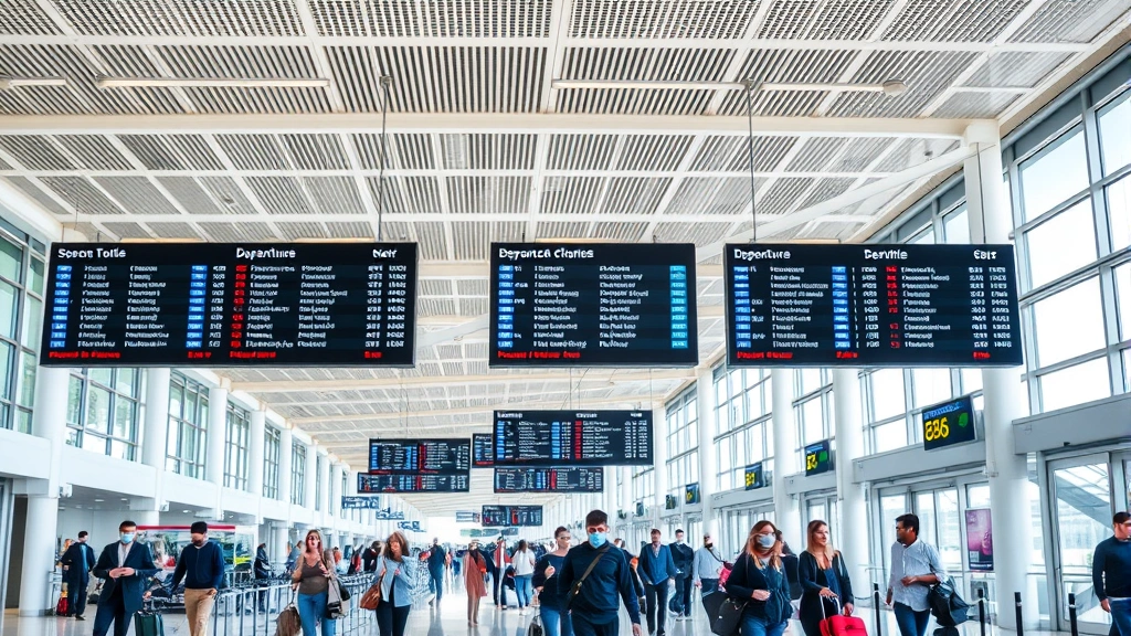 Modern airport terminal interior with departure boards displaying flight information, travelers with luggage, natural lighting, busy but organized travel scene