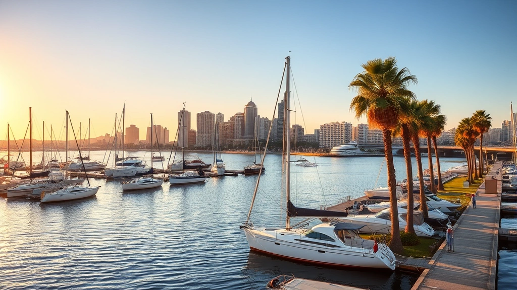 San Diego harbor waterfront at golden hour with sailboats, palm trees, and downtown skyline, coastal California beauty, bright sunny day