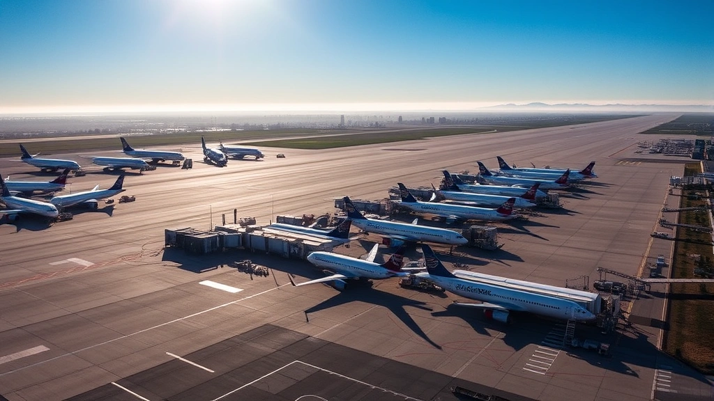 Aerial view of San Jose International Airport (SJC) with planes at gates, morning sunlight, blue sky, tarmac visible