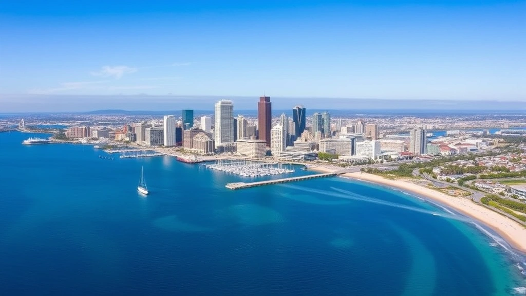 Panoramic San Diego waterfront skyline showing downtown buildings, harbor, sailboats, and beaches with blue ocean water