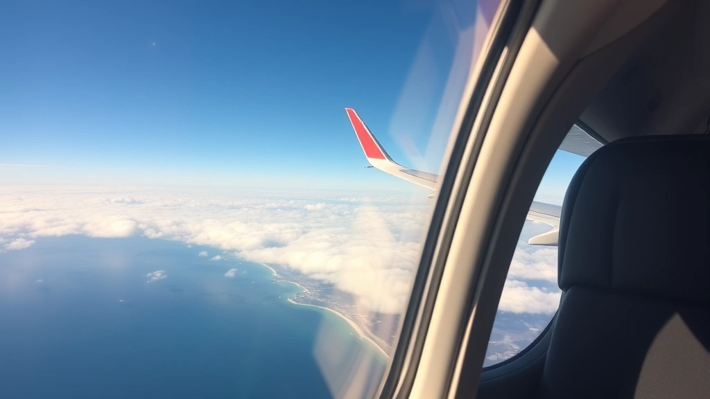 Modern airplane cabin interior during flight over California coastline, wing visible, clouds below, Pacific Ocean coastline