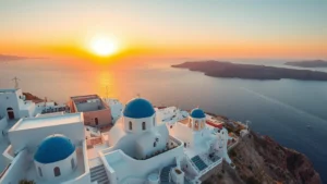 Aerial view of Santorini's white-washed buildings and blue domes perched on dramatic cliffsides overlooking the caldera and Aegean Sea at golden hour sunset