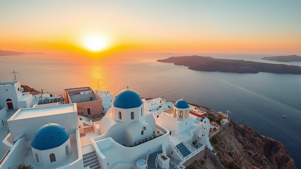 Aerial view of Santorini's white-washed buildings and blue domes perched on dramatic cliffsides overlooking the caldera and Aegean Sea at golden hour sunset