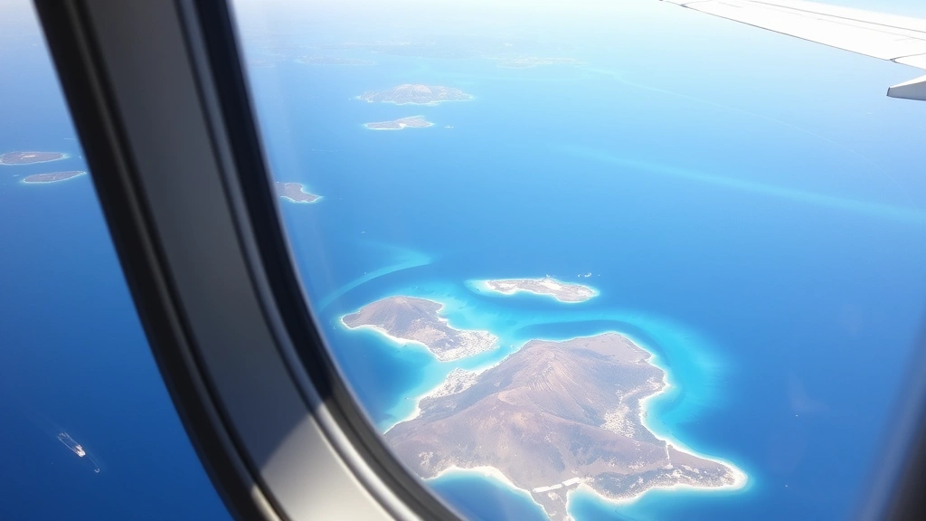 Close-up of an airplane window showing Mediterranean turquoise waters and Greek islands below during flight descent, with wing visible in frame