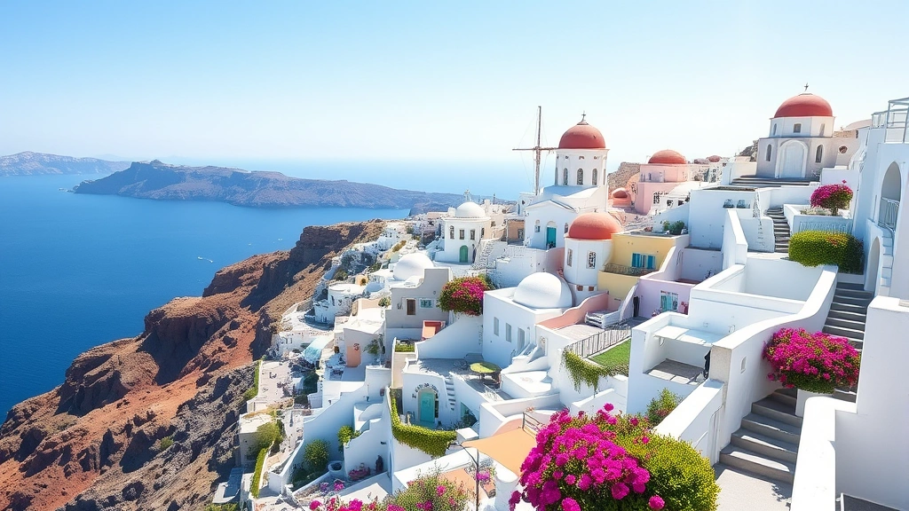 Panoramic view of Oia village in Santorini with traditional architecture, narrow winding streets, flowers, and distant caldera views during daytime with clear blue sky