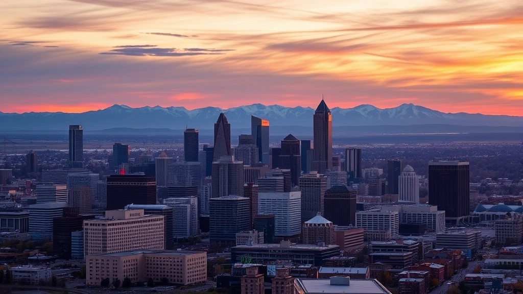 Denver cityscape at sunset with Rocky Mountains in distance, Mile High City downtown skyline with modern buildings and natural landscape