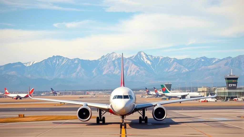 Commercial airplane on tarmac at Denver International Airport with mountains visible, wide-angle airport scene with aircraft and terminal
