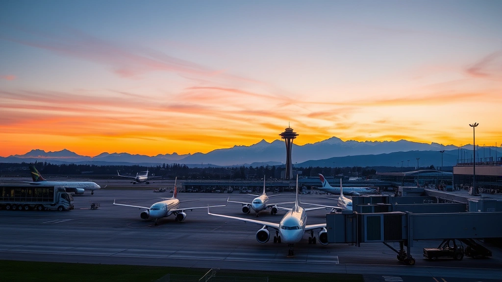 Seattle-Tacoma International Airport (SEA) with aircraft on tarmac at sunset, Pacific Northwest mountains visible in background, modern terminal building, vibrant evening light reflecting off glass and metal surfaces