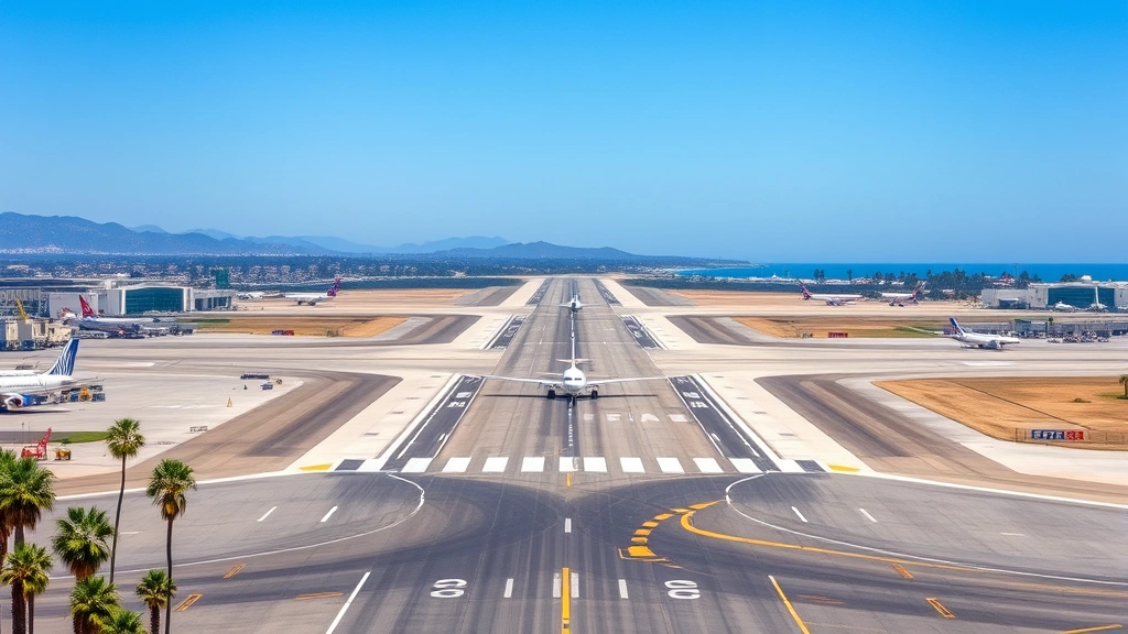 Los Angeles International Airport (LAX) runway with multiple aircraft, palm trees visible, Southern California coastal landscape, clear blue sky, busy aviation hub activity with ground vehicles