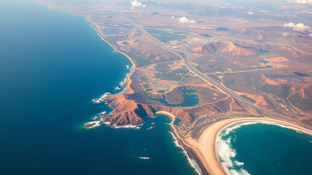 Aerial view of California coastline between Seattle and Los Angeles, Pacific Ocean meeting sandy beaches, diverse landscape from Pacific Northwest forests to Southern California coast, travel perspective