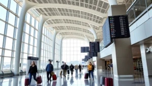 Seattle-Tacoma International Airport modern terminal interior with natural light, travelers with luggage, departure boards displaying flight information, contemporary architecture with clean lines and bright windows