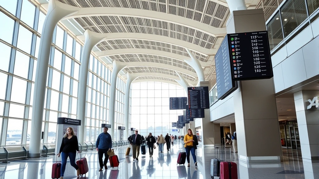 Seattle-Tacoma International Airport modern terminal interior with natural light, travelers with luggage, departure boards displaying flight information, contemporary architecture with clean lines and bright windows