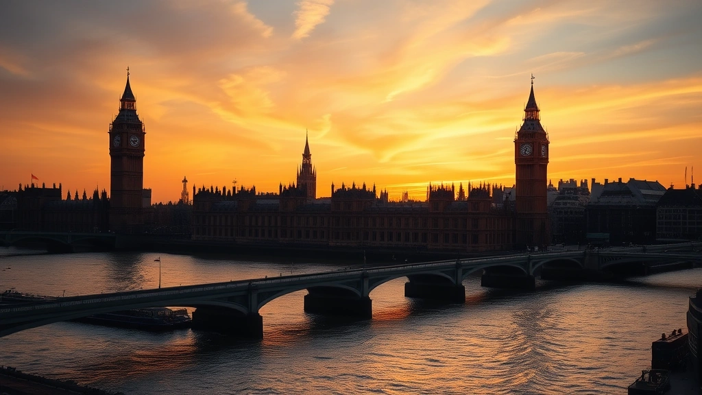 London skyline at sunset with Big Ben, Houses of Parliament, and River Thames, historic architecture silhouetted against golden sky, iconic British landmarks, atmospheric evening light