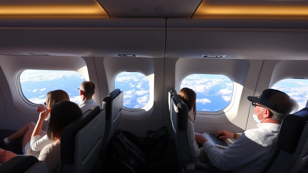 Airplane cabin interior during flight over Atlantic Ocean, passengers relaxing in seats with window views of clouds and ocean below, modern aircraft cabin, transatlantic journey moment