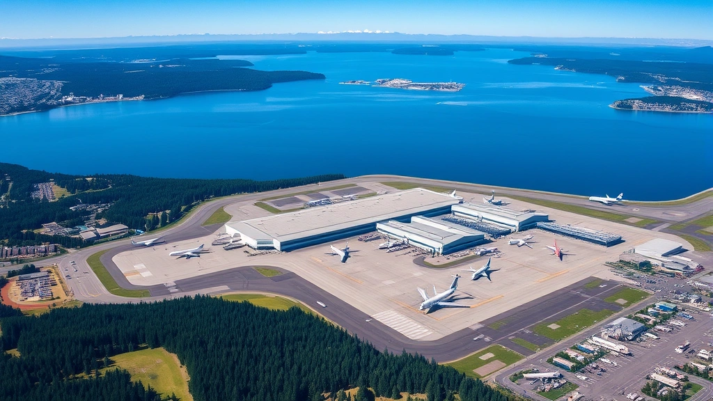 Aerial view of Seattle-Tacoma International Airport with multiple aircraft parked at gates, surrounding Puget Sound and forested landscape visible below, clear sunny day, professional aviation photography