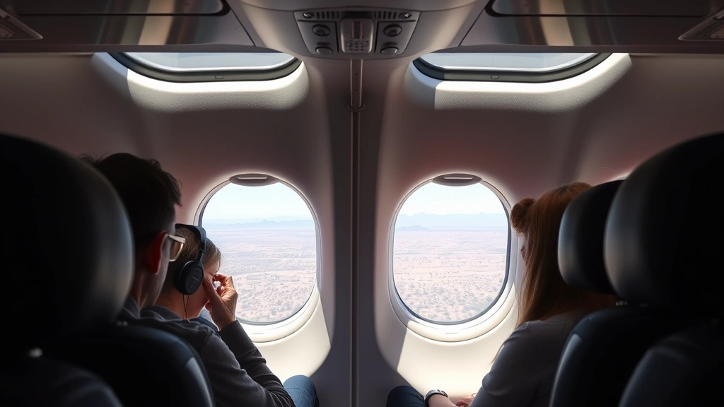 Modern aircraft cabin interior during flight with passengers seated, window view showing desert landscape below with Phoenix visible in distance, natural daylight streaming through windows