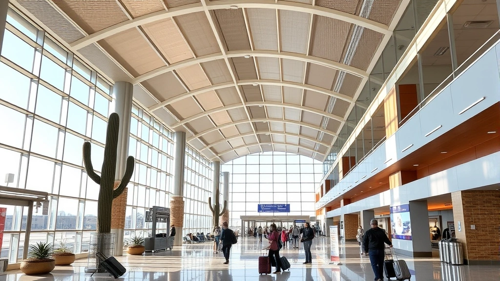 Phoenix Sky Harbor International Airport terminal interior showing modern architecture, natural light, travelers walking with luggage, contemporary design with Arizona desert-inspired aesthetic