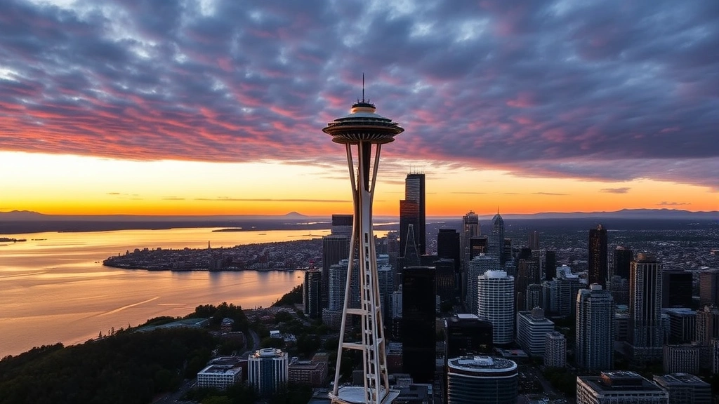 Aerial view of Seattle Space Needle with Puget Sound water and city skyline at sunset, golden hour lighting, Pacific Northwest landscape