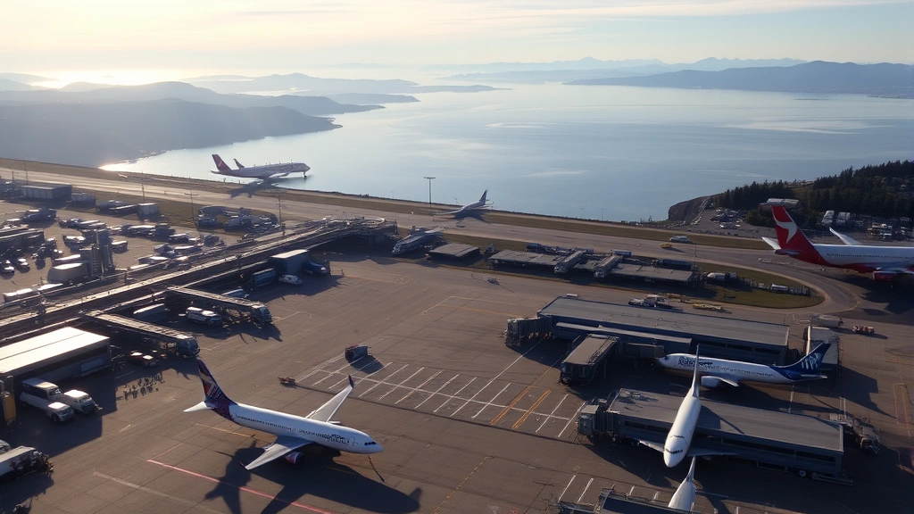 Aerial view of Seattle-Tacoma International Airport with mountains and Puget Sound in background, commercial planes parked at gates, morning sunlight