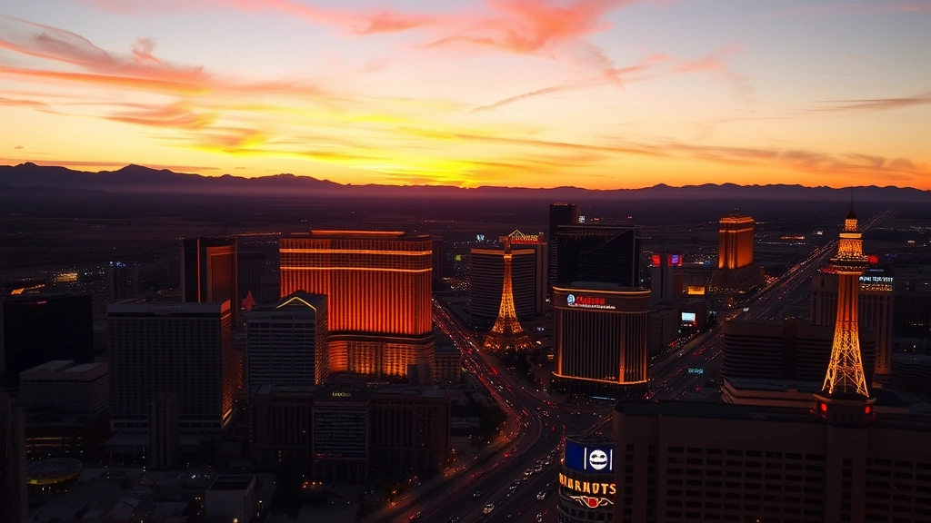 Las Vegas Strip skyline at sunset with iconic casino hotels and neon lights glowing, desert landscape visible beyond the city