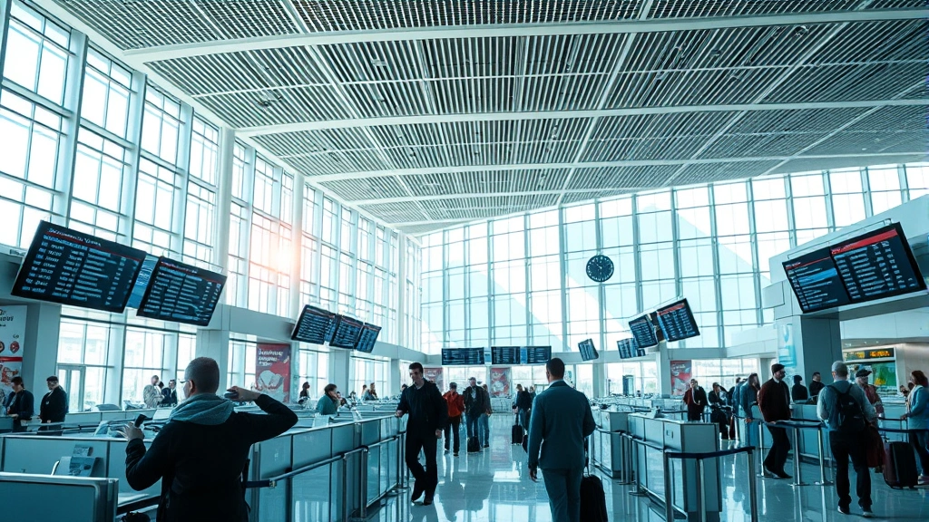 Interior of modern airport terminal with travelers at check-in counters, departure boards displaying flight information, contemporary architecture with natural light