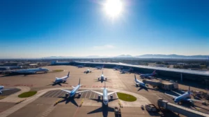 Aerial view of San Francisco International Airport with planes at gates, morning sunlight, blue sky, modern terminal buildings visible