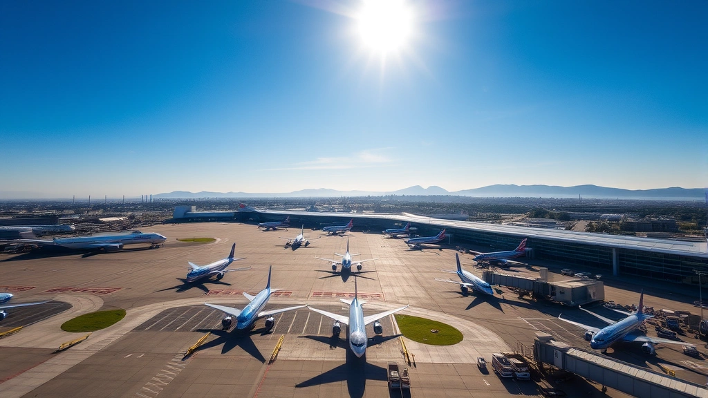 Aerial view of San Francisco International Airport with planes at gates, morning sunlight, blue sky, modern terminal buildings visible