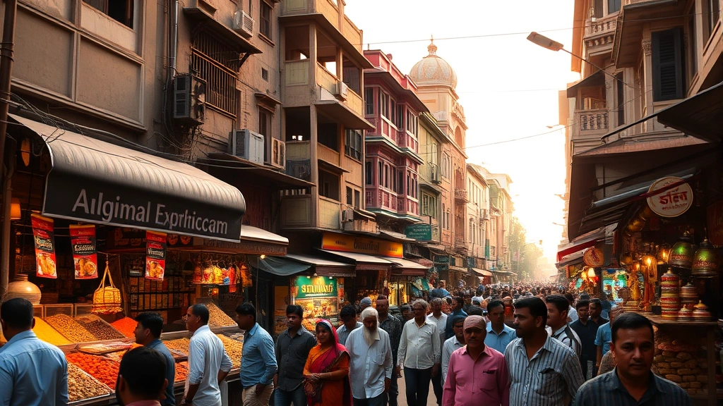 Bustling Delhi street market with colorful spice vendors, traditional architecture, golden hour lighting, vibrant crowd of people shopping