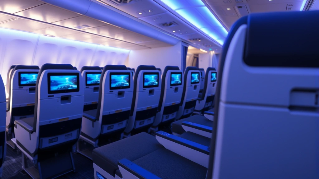 Modern aircraft cabin interior showing empty economy seats with entertainment screens, blue lighting, wide-body jet configuration, comfortable seating