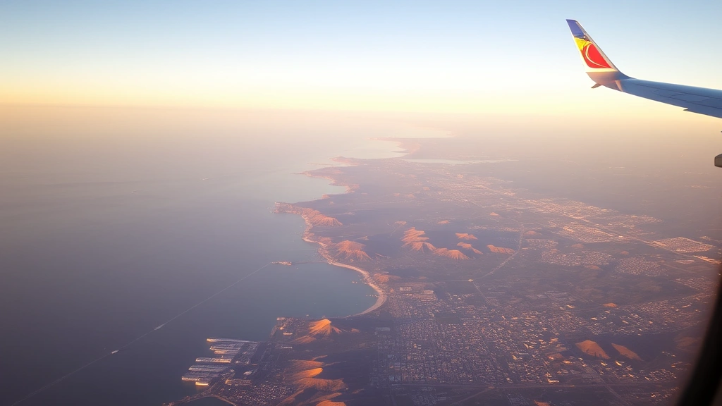 Aerial view of California coastline between San Francisco and Los Angeles with Pacific Ocean, golden hills, and modern cities visible below, shot from airplane window during golden hour