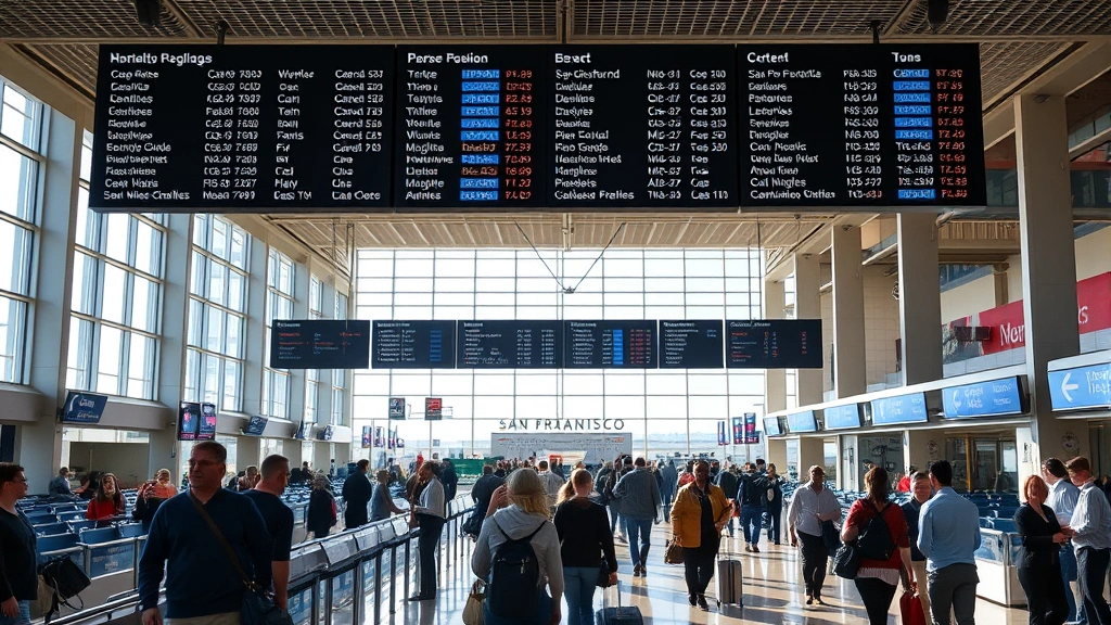 Busy airport terminal at San Francisco International with travelers at ticket counters, departure boards overhead, modern architecture, natural light streaming through windows, realistic airport atmosphere