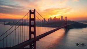 Golden Gate Bridge at sunset with San Francisco Bay skyline in background, dramatic warm lighting reflecting on water, modern cityscape silhouette, professional travel photography, vibrant golden hour atmosphere